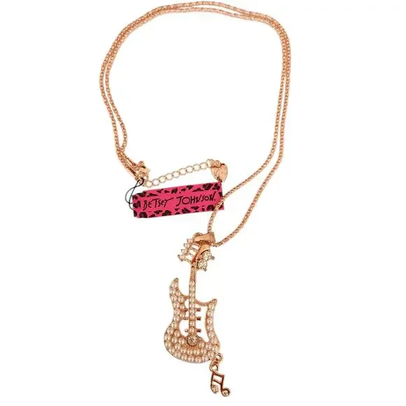 BETSEY JOHNSON bling statement chain Guitar crystal pearl necklace rose gold NEW - Picture 5 of 5